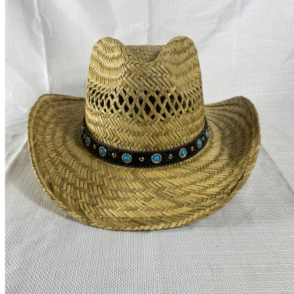 Broner‎ Womens Straw Cowboy Hat Turquoise Studded Band Tan Western One Size